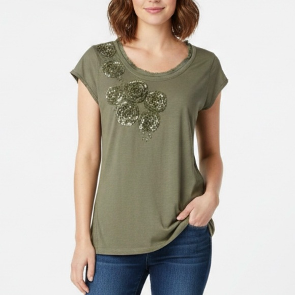 Willi Smith Green Metallic Beaded Embellished Cap Sleeve Cotton T-shirt Small - Picture 12 of 12